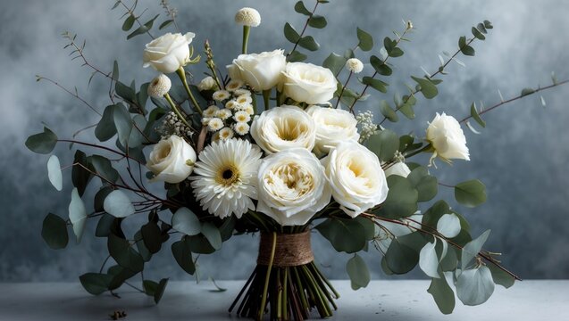 A stunning bouquet of white roses, chrysanthemums, eucalyptus branches, brunia