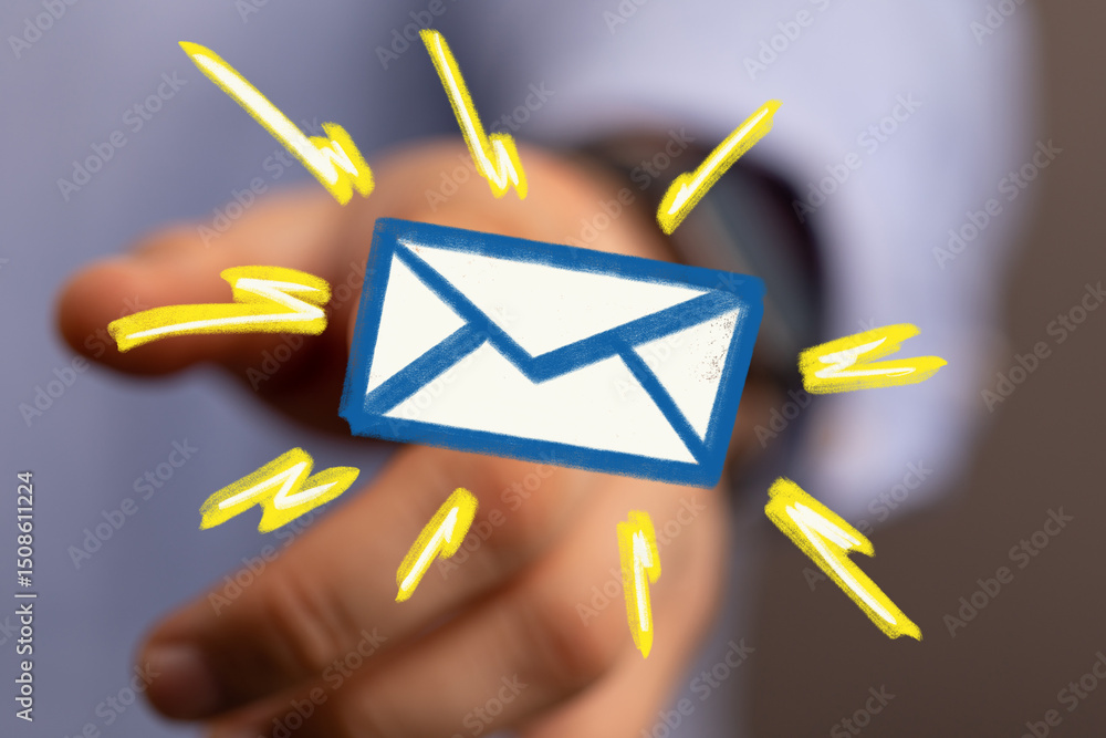 Poster bright, modern image of a hand presenting an email icon, symbolizing fast and efficient communicatio