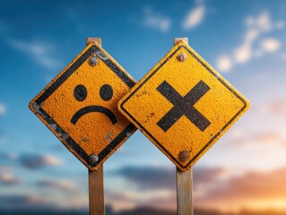 Warning signs displaying contrasting emotions at sunset
