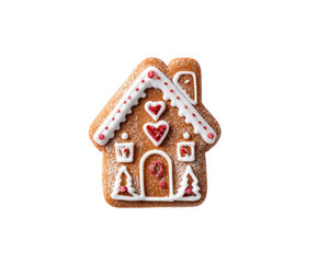 Festive gingerbread house with icing and decorations for holidays on a transparent background, cut out