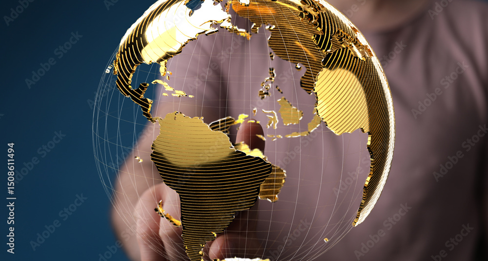 Poster Hand interacting with a golden 3D world map, symbolizing global connection and network.