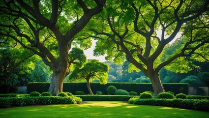 Obraz premium Amazing tree view, green garden with lush trees and manicured lawn.