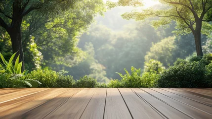 Gordijnen Simple minimalist wooden platform with a softly blurred green nature landscape for peaceful and natural product display © GfxAkash