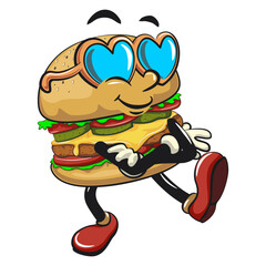 cute burger retro vektor illustration mascot character wearing heart shaped beach sunglasse, work of hand drawn