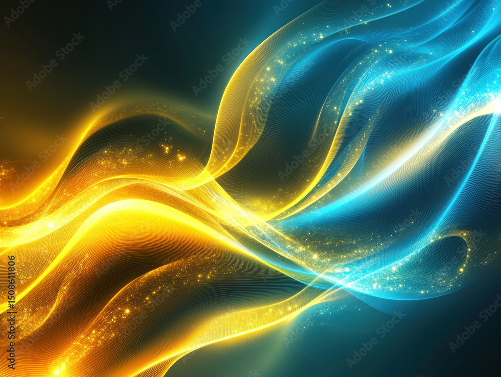 Poster colorful abstract waves with sparkles on a dark background