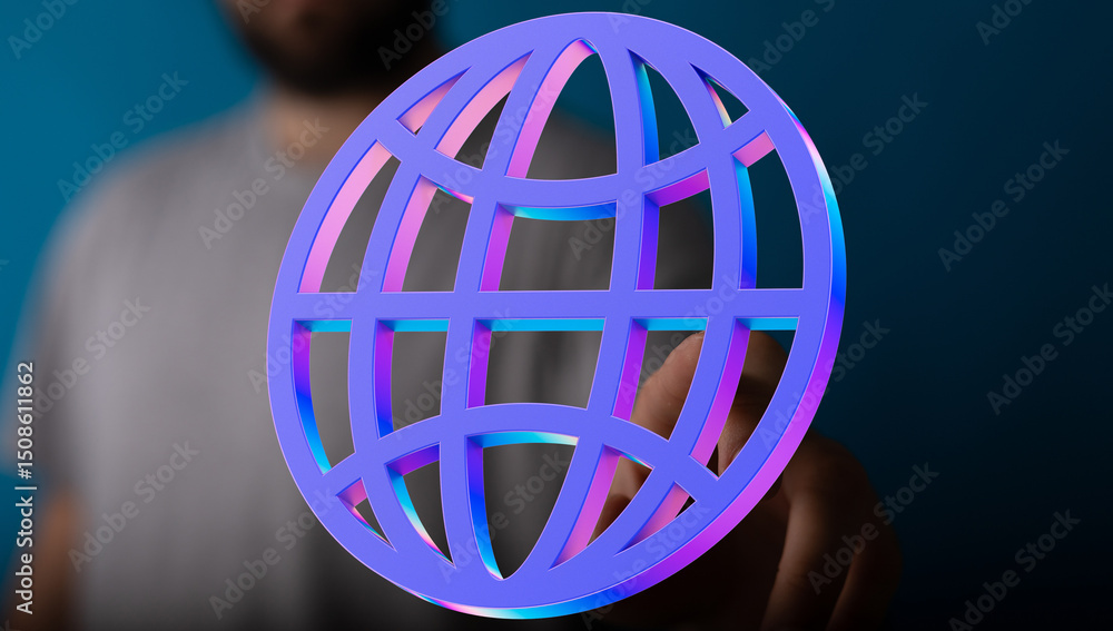 Poster abstract image of a person interacting with a digital globe, representing global connectivity and ne