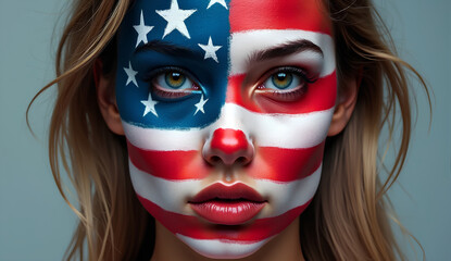 Portrait of woman with American flag painted on her face