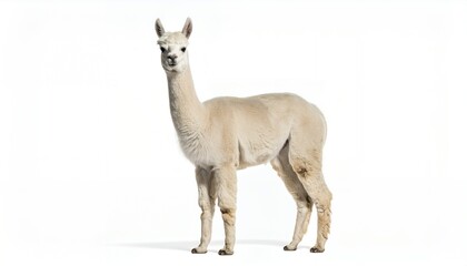 Obraz premium A full-length cream-colored alpaca with a fluffy neck and upright posture, isolated