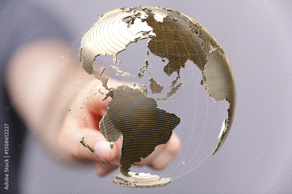 Leinwandbilder Abstract image of a hand interacting with a 3D model of the earth, symbolizing global connectivity and networking.