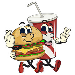 cute burger retro vektor illustration mascot character walk with soft drink paper cups character while giving a love and peace sign, work of hand drawn