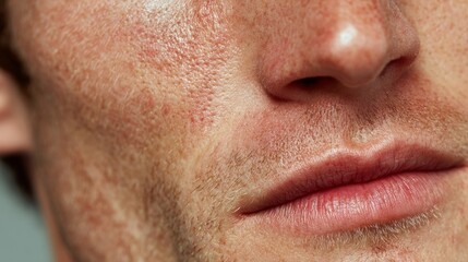 Obraz premium Close-up of lower male face showing natural skin texture, pores, light freckles, and facial hair for skincare concept, natural skin texture, concept of aging and beauty