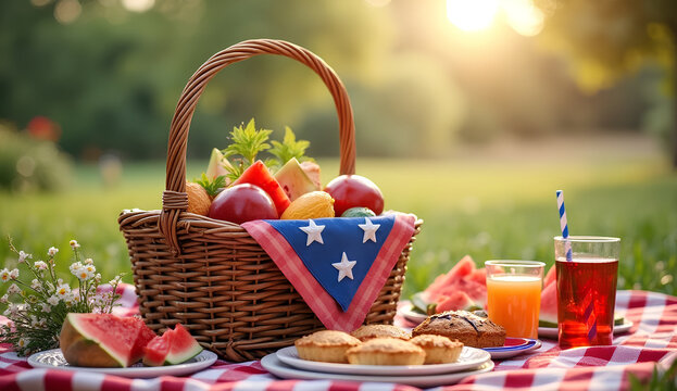 Independence Day picnic basket on green lawn with patriotic decor