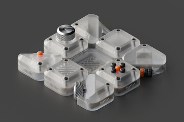 3d rendered isometric control panel device with set of knobs, faders, switchers and buttons made of frosted transparent plastic material.