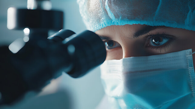 Scientist in protective gear examining through a microscope