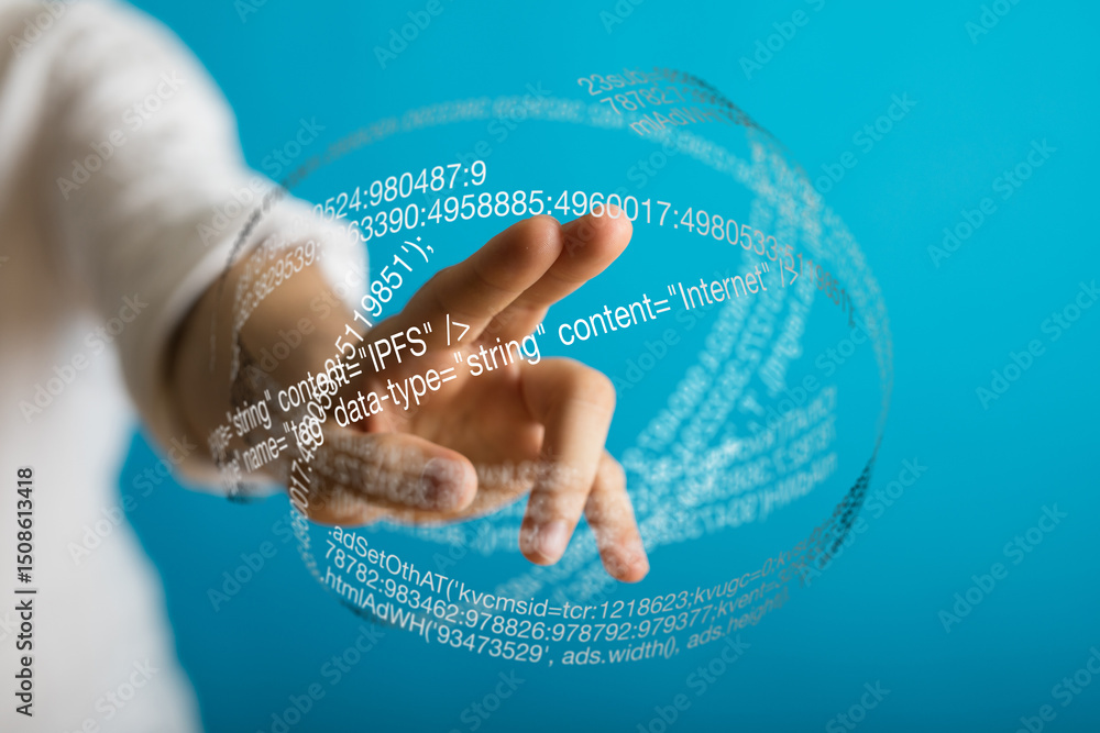 Leinwandbilder person interacts with a holographic sphere displaying digital code and data, representing technology