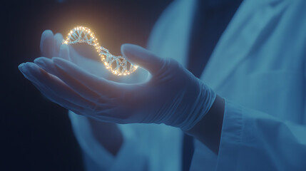 Gloved Hand Holding Illuminated DNA Strand
