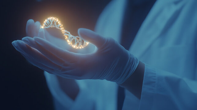 Gloved Hand Holding Illuminated DNA Strand - Powered by Adobe