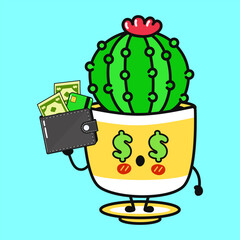 Cartoon Cactus character pondering finances, clutching wallet stuffed with cash and credit cards, representing investment concepts