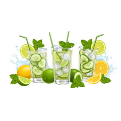 Fototapeta premium Cucumber lemon mint drinks with ice and splashes 