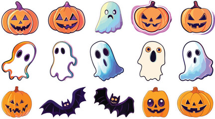 Fototapeta premium Halloween Vector Illustration with Pumpkins, Ghosts, and Bats Isolated on White Background.