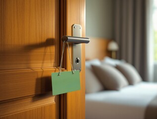 Wooden hotel room door with metal handle and blank green sign, soft-focus bedroom interior in background, concept of privacy and service. Ai generative