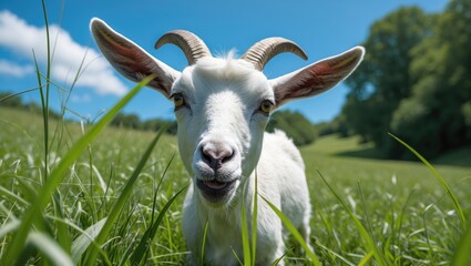 A white goat happily munches on green grasses in a lush meadow under a clear blue sky, showcasing its playful nature in a serene rural setting.