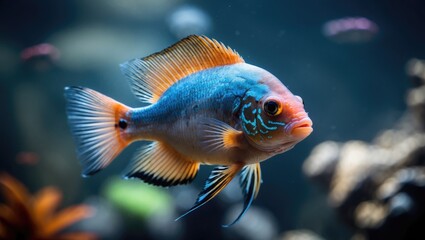 A beautiful cichlid fish swimming underwater with vibrant colors and intricate patterns.