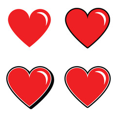 Red Heart Vector Icons Set, Cute Love Symbols in Flat and Outline Styles.