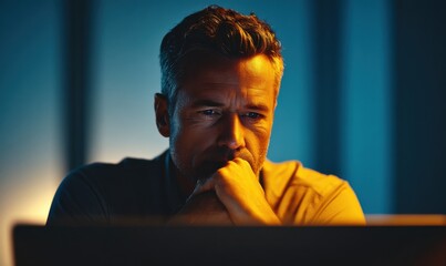 A Pensive Man Lost in Thought: A Portrait of Deep Contemplation and Problem-Solving. The image captures a moment of intense focus, showcasing the complexities of human emotion and 