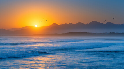 Obraz premium A serene coastal scene at dusk with fog and sunset reflections