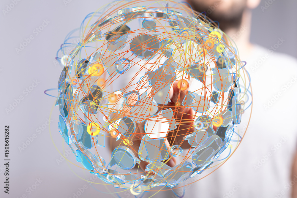 Poster abstract image of a digital globe with interconnected nodes, representing global networking and data