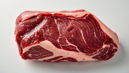 Clean very fresh red raw beef meat, isolated on white background, with empty copy space for text.