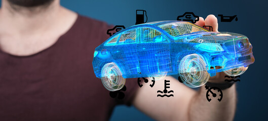 Person interacting with a 3D digital car model showing diagnostic information.  Perfect for automotive tech.