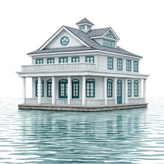 Fototapeta premium Serene Waterfront House Illustration in Blue and White