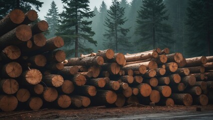 A stack of cut timber logs, pine trees at a lumber mill