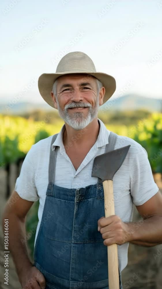 Poster a man in a straw hat and blue overalls holding a pitchfork. he is standing in a field of grape vines