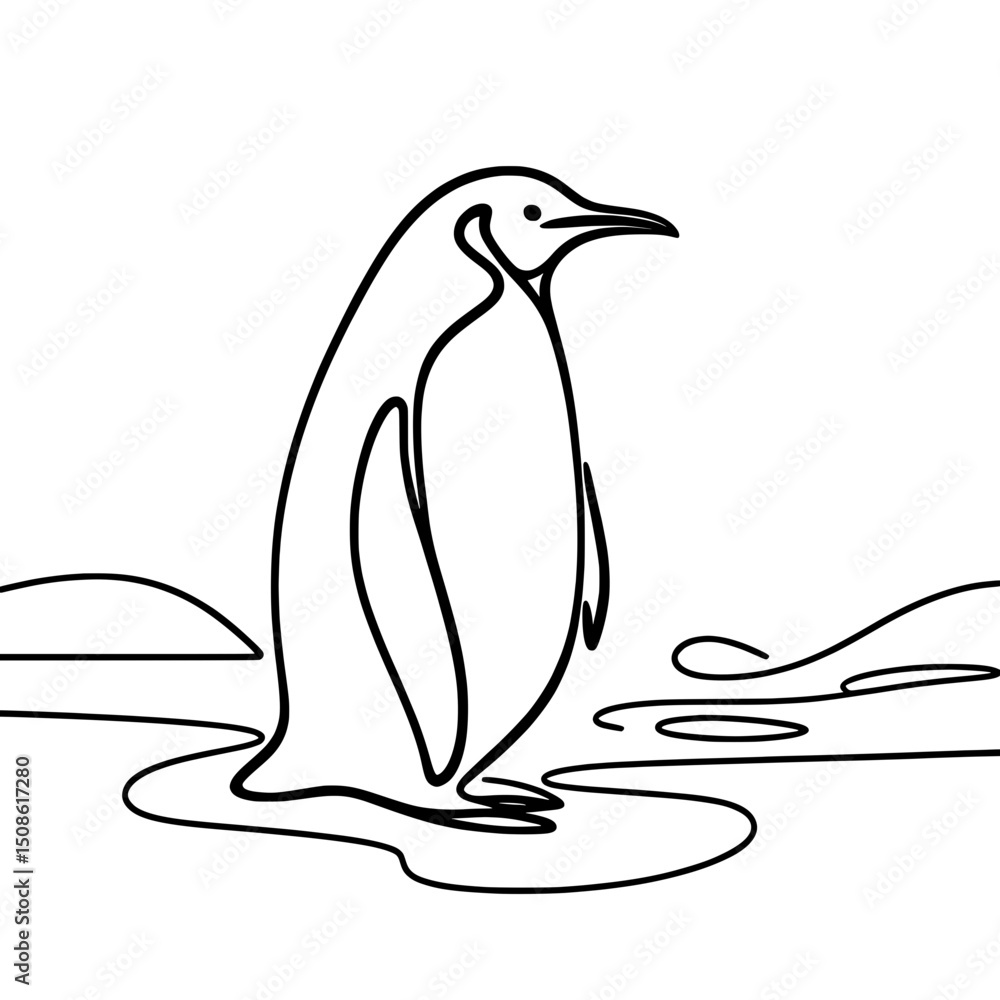 Aufkleber penguin depicted in single line outline vector style on ice background
