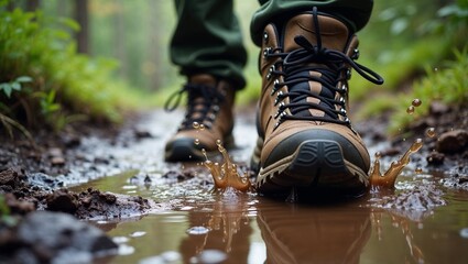 Dirty Hiking Boot Splashing Through Mud on Forest Trail with Blurred Greenery Background	