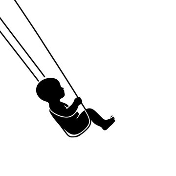 Child sitting on swing in black silhouette on empty background, single line vector outline concept