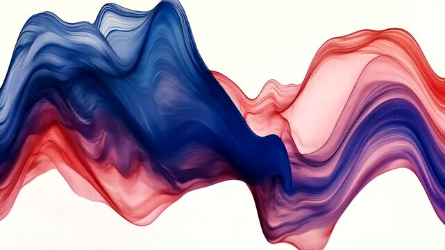 Abstract art featuring translucent flowing swathes in red and blue, creating wave-like forms against a clean, bright white background