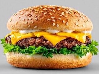 Delicious and Appetizing Cheeseburger with Fresh Ingredients on a Light Gray Background