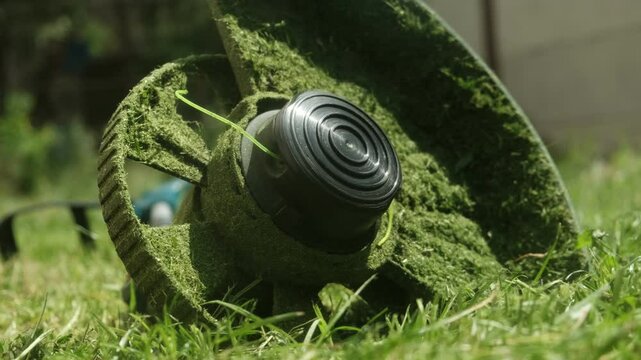 Close-up of trimmer on cut grass with stuck grass pieces, symbolizing work done in garden maintenance.