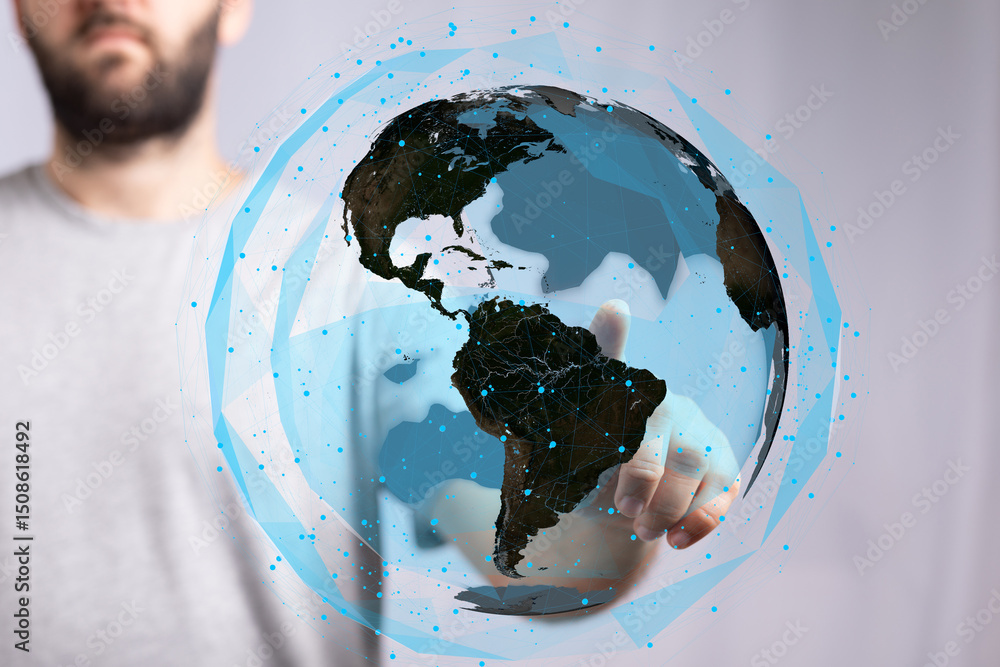 Poster a man interacts with a digital globe, showcasing global connectivity and networking.