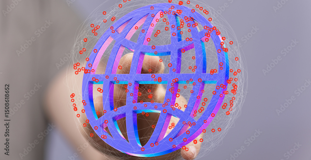 Poster hand interacting with a digital globe, showcasing global network and data connections.
