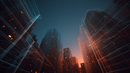 Geometric wireframe cityscape in dusk lighting, retro-future theme, digital matte photo style