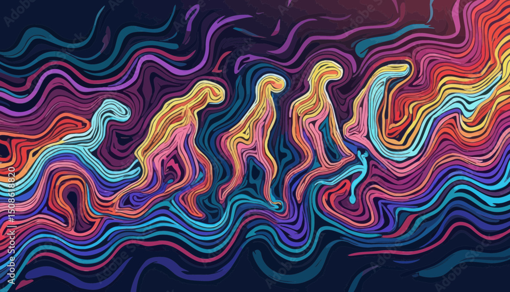 Poster abstract evolution: colorful wave pattern with hominid figures