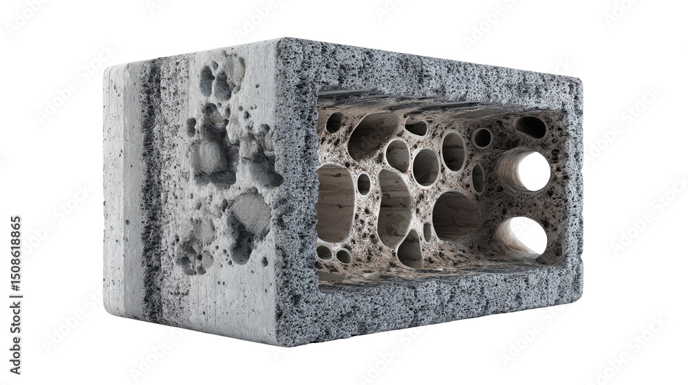 Poster carbon negative concrete brick with a porous structure is presented on a transparent background. off