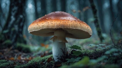 A beautiful mushroom grows in the forest thicket.