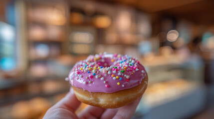 Celebrate National Doughnut Week with a Bright Pink Frosted Doughnut Covered in Rainbow Sprinkles, The Ultimate Sweet Treat for Bakery Fans and Dessert Lovers Everywhere