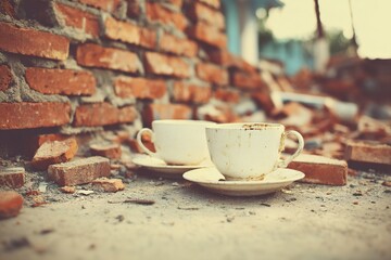 Broken Brick Wall And Old White Coffee Cups